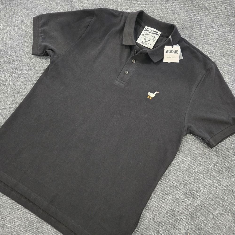 NWT Moschino Couture Black Cotton Pique Polo White Goose Logo $360 US 40 EU 50